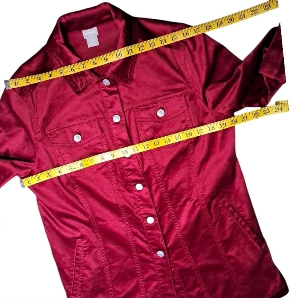 Chico's Elongated Velveteen Jacket Red Velvet Long Trucker Shacket Coat Size 2P - Picture 12 of 16